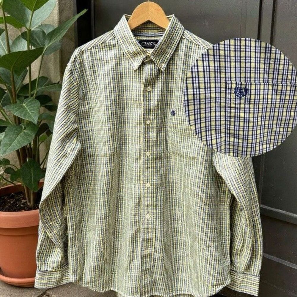 Chaps Mens Button Down Shirt Stretch Easy Care XL Blue Yellow Check Long Sleeve